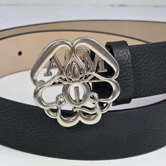 Alexander McQueen Black Leather Belt w/ AM Monogram Buckle — Size 90/36 (Italy) - Picture 4 of 8